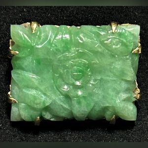 Antique Chinese Serene Ice Green Jadeite & 15K YGold Brooch Carved Birds & Peony